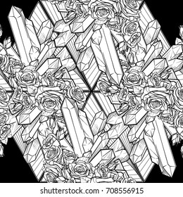 Alchemic Element of Earth sign. Vertical vignette. Down pointing triangles with rose garland and spiky Crystals. EPS 10 Seamless Pattern