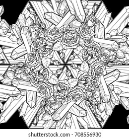 Alchemic Element of Earth sign. Vertical vignette. Down pointing triangles with rose garland and spiky Crystals. EPS 10 Seamless Pattern