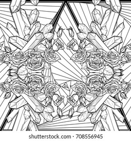 Alchemic Element of Earth sign. Vertical vignette. Down pointing triangles with rose garland and spiky Crystals. EPS 10 Seamless Pattern