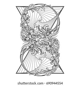 Alchemic Element of water sign. Artistic decorative interpretation of the mathematical symbol with rose garland and water splashes. Concept design for the tattoo, colouring book or postcard. EPS10 .