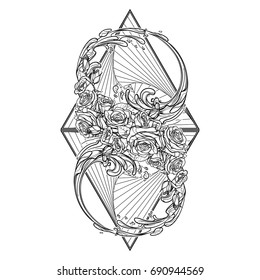 Alchemic Element of water sign. Artistic decorative interpretation of the mathematical symbol with rose garland and water splashes. Concept design for the tattoo, colouring book or postcard. EPS10 .