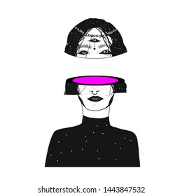 Alchemic fantastic mystery woman. Fantasy illustration. Esoteric tarot design. Conceptual psychedelic portrait of modern woman. Yoga and boho concept. 