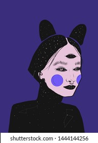 Alchemic fantastic mystery woman. Fantasy illustration. Esoteric tarot design. Conceptual psychedelic portrait of modern woman. Yoga and boho concept. 