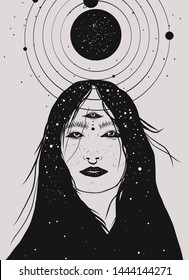 Alchemic fantastic mystery woman. Fantasy illustration. Esoteric tarot design. Conceptual psychedelic portrait of modern woman. Yoga and boho concept. 