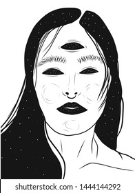 Alchemic fantastic mystery woman. Fantasy illustration. Esoteric tarot design. Conceptual psychedelic portrait of modern woman. Yoga and boho concept. 