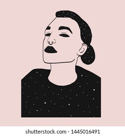 Alchemic fantastic mystery woman. Fantasy illustration. Esoteric tarot design. Conceptual psychedelic portrait of modern woman. Yoga and boho concept. 