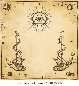 Alchemical drawing: winged snakes, all-seeing eye. Esoteric, mystic, occultism. Symbols of the sun and moon. Background - imitation of old paper. Vector illustration. Place for the text.
