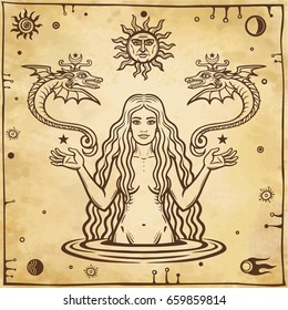  Alchemical drawing: young beautiful woman holds winged snakes in hand. Esoteric, mystic, occultism. Symbols of the sun and moon. Background - imitation of old paper. Vector illustration.
