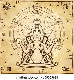   Alchemical drawing: young beautiful woman, Eve's image, fertility, temptation. Esoteric, mystic, occultism. Symbols of the sun and moon. Background - imitation of old paper. Vector illustration.