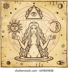  Alchemical drawing: young beautiful woman, Eve's image, fertility, temptation. Esoteric, mystic, occultism. Symbols of the sun and moon. Background - imitation of old paper. Vector illustration.