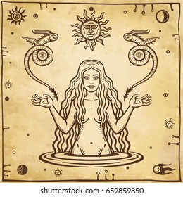  Alchemical drawing: young beautiful woman holds winged snakes in hand.  Esoteric, mystic, occultism. Symbols of the sun and moon. Background - imitation of old paper. Vector illustration.