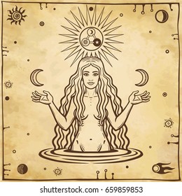  Alchemical drawing: young beautiful woman holds moons in hand. Esoteric, mystic, occultism. Symbols of the sun and moon. Background - imitation of old paper. Vector illustration.