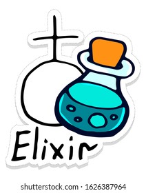 Alchemical element elixir. Medieval alchemical sign. The sticker is drawn by hand. Flat illustration on a white background. Conceptual design for tattoo, coloring or greeting card. EPS10.