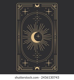 Alchemical esoteric mystical magic templates for tarot cards frame border with golden line celestial elements, esoteric astrology mystery ornament with moon, star isolated on dark background.