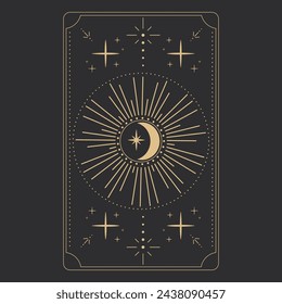 Alchemical esoteric mystical magic templates for tarot cards frame border with golden line celestial elements, esoteric astrology mystery ornament with moon, star isolated on dark background.