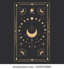 Alchemical esoteric mystical magic templates for tarot cards frame border with golden celestial elements, esoteric astrology mystery ornament with moon, star isolated on dark background.