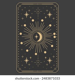 Alchemistische esoterische mystische magische Vorlagen für Tarotkarten umrahmen mit goldenen Linien himmlische Elemente, esoterische Astrologie Mystery Ornament mit Mond, Stern isoliert auf dunklem Hintergrund.