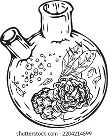 Alchemical flask with hops and leaves. Vector graphics for textiles, prints, merch