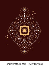 Alchemical golden basic symbol with moon phases on dark-red background. Zodiac horoscope signs vector illustrations. Magic circle ring. Coloring Astrology vector illustrations.