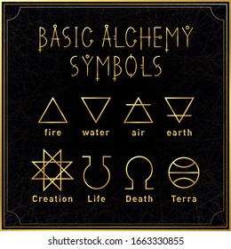 Alchemical golden basic symbols set on dark background. Elements of nature. Creation, life, death, terra. Sacred geometry. Vector stock illustration. 