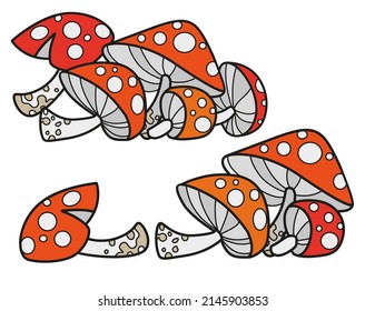 Alchemical ingredient amanita mushrooms color variation for coloring page on white background