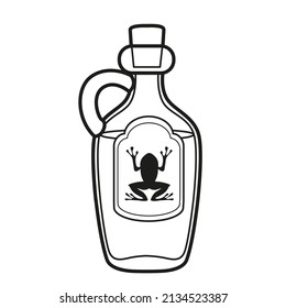 Alchemical ingredient in a bottle with a handle and a frog on the label outlined for coloring page on white background