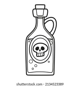 Alchemical ingredient in a bottle with a scull on the label outlined for coloring page on white background