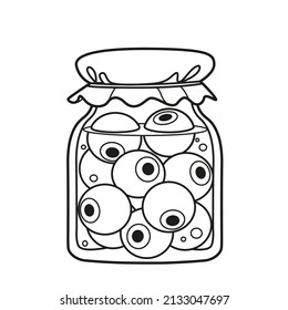 Alchemical ingredient eyeballs in a large glass jar covered with paper outlined for coloring page on white background