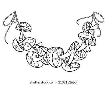 Alchemical ingredient poisonous fly agaric mushrooms strung on a rope for drying outlined for coloring page on white background