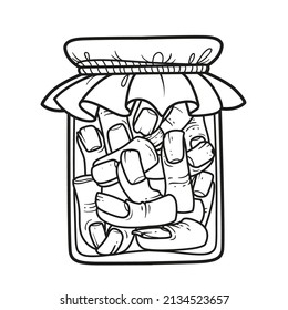 Alchemical ingredient severed fingers preserved in an embalming liquid in a jar outlined for coloring page on white background