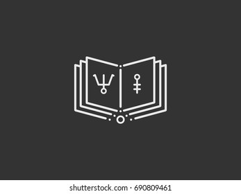 Alchemical and magical book. alchemical items, spells. Contour logo design, line icons.