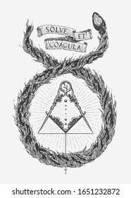 Alchemical Marriage. Hand drawn vector. Translation : "Dissolve and coagulate".