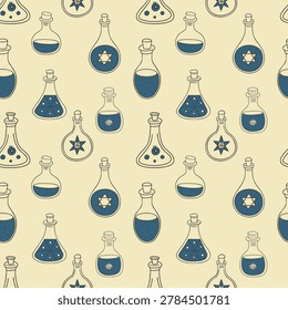 Alchemical matrix and cosmic ether pattern featuring quintessence flasks and hermetic star geometry on a vintage parchment background for astrological grimoire endpapers, occult apothecary packaging, and esoteric tarot wraps