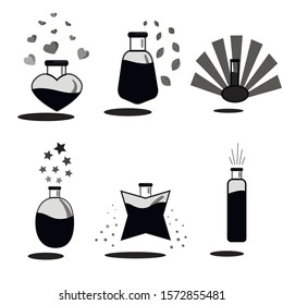 alchemical set: black silhouettes of glass bottles with potions