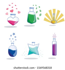 
Alchemical set: potions of different colors in glass flasks of various shapes. potions: divination, love, sunlight, breath of nature and the abyss