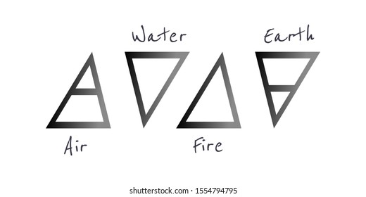 Alchemical symbols of the four elements with the inscription. Magic monochrome icons of air, water, fire and earth in the style of triangles. Set of vector logos
