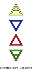 Alchemical symbols of the four elements. Magic color icons of air, water, fire and earth in the style of triangles. Set of vector logos.