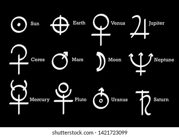 Alchemical symbols icons set alchemy elements pictogram. Sun, Earth and Planets Symbols, Astrological Wicca Symbols. Hand drawn vector set planet wiccan icon isolated on black background 