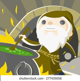 an alchemist creating a magic potion in a cauldron