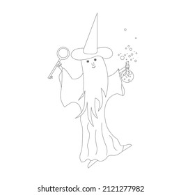 Alchemist with a flask and a key in his hand. Monochrome outline cartoons sketch for coloring book stock vector illustration