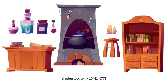 Conjunto de interiores de laboratorio o tienda alquimista con libros, pociones mágicas, mesa, armario, velas y caldera en estufa aislada en fondo blanco, ilustración de dibujos vectoriales