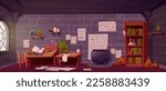 Alchemist laboratory, witch or wizard room with magic potions, books and cauldron. Magician alchemical lab interior with wooden furniture, flasks and plants on shelves, vector cartoon illustration