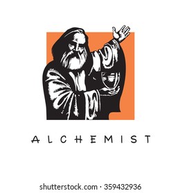 Alchemist. Old man with a beard. Vector black and white image on orange frame.