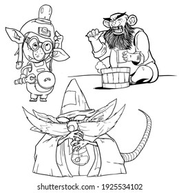 
Alchemist, scientist and cook. Three children's characters. Vector illustrat