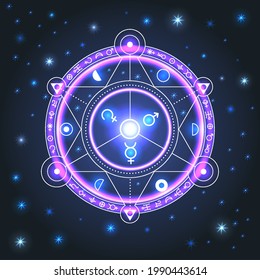 Alchemist summoning circle, background with geometric patterns with signs of the planets, magical mystical background, glowing spiritistic circle