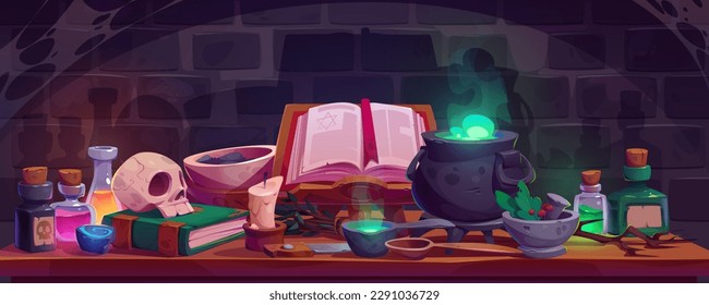 Alchemist table in witch house cartoon background. Old laboratory room for magician game illustration. Skull, elixir in bottle with cork, tree branch and cauldron with poison in wizard lab dungeon.