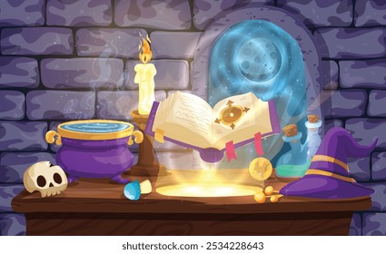 Mesa alquimista, fundo de desenho animado da casa das bruxas. Antiga sala de laboratório para ilustração de jogo mágico. Caveira, elixir em garrafa com cortiça, e caldeirão com veneno em calabouço de laboratório bruxo. Livro mágico, lua