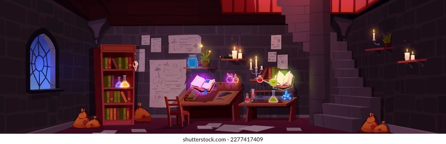 Alchemist work room in medieval dungeon. Vector cartoon illustration of castle basement with stone staircase and gothic window, wooden furniture, glass elixir bottles, bottles, ancient papers on shelf