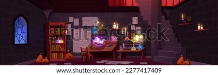 Alchemist work room in medieval dungeon. Vector cartoon illustration of castle basement with stone staircase and gothic window, wooden furniture, glass elixir bottles, bottles, ancient papers on shelf