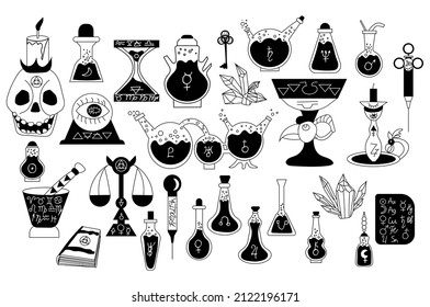 The alchemist's set is hand drawn in doodle style . Magical items and bottles with magic potions. Vector collection isolated on a white background. Square illustration in sketch style